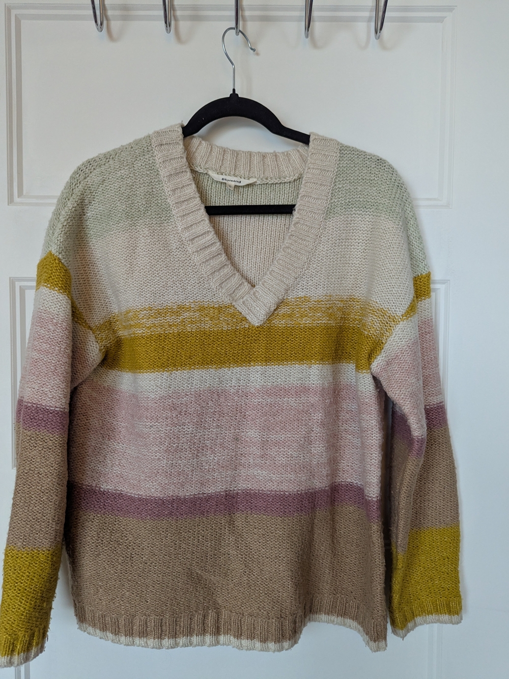 Striped V-Neck Sweater in Cream, Mustard & Pink